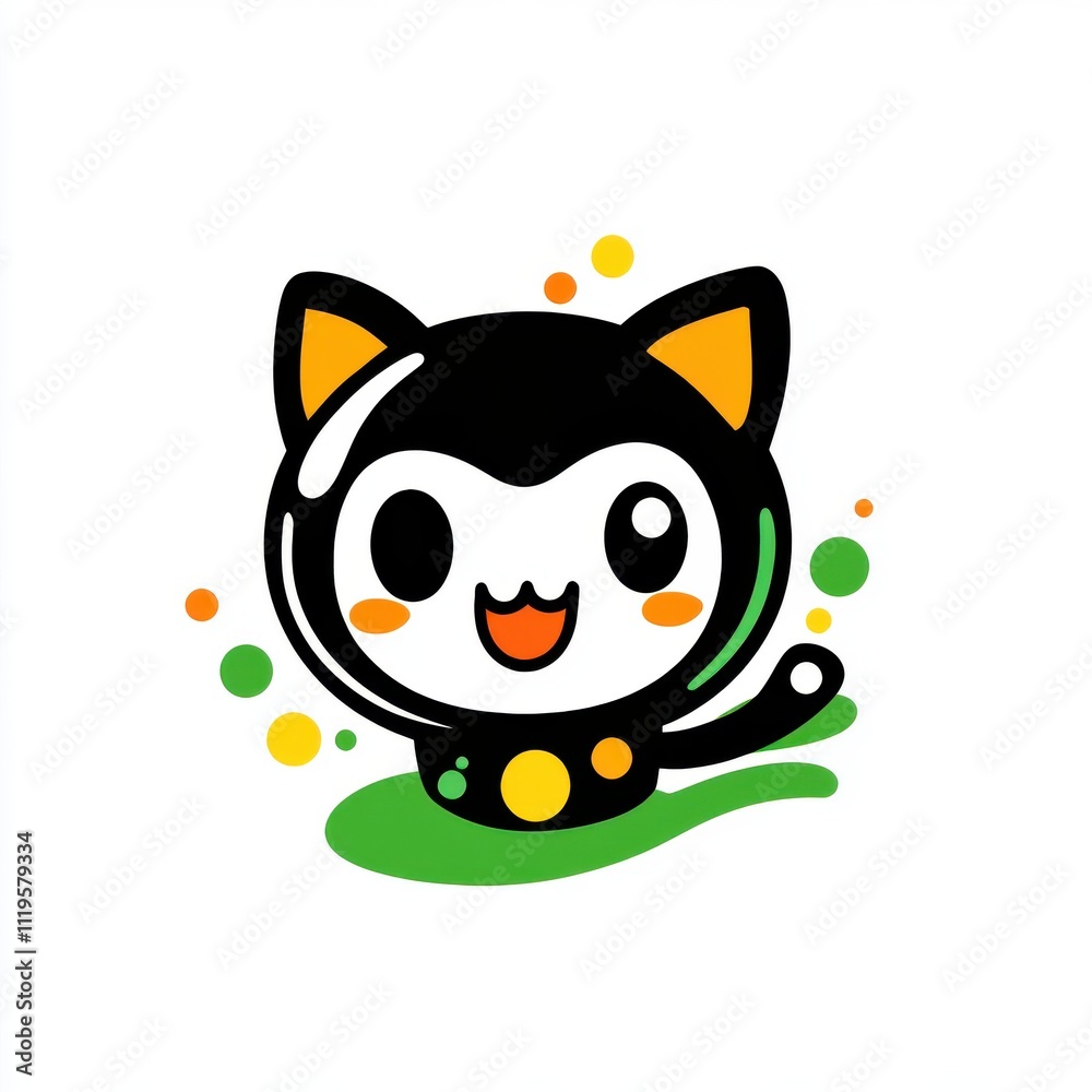 Cute cartoon cat character in a playful pose, surrounded by colorful dots on a green background. Cute cartoon cat character in a playful pose, surrounded by colorful dots on a green background.