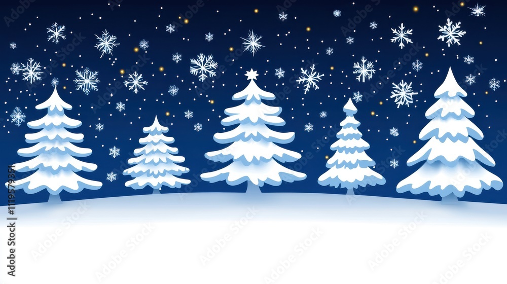 Beautiful Winter Wonderland Scene with Snow-Covered Evergreen Trees and Falling Snowflakes Against a Deep Blue Night Sky Beautiful Winter Wonderland Scene with Snow-Covered Evergreen Trees and Falling Snowflakes Against a Deep Blue Night Sky
