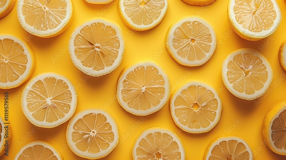 Obraz premium Refreshing lemon slices. yellow background. creating a lively and refreshing visual effect. Translucent lemons cut into round. top view.