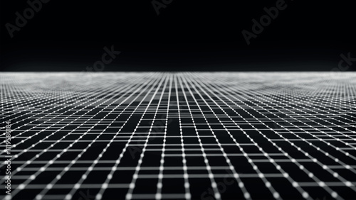 Abstract wireframe landscape. Vector perspective grid on dark background. Detailed lines on black background. Perspective tile floor. Detailed grid lines in infinity