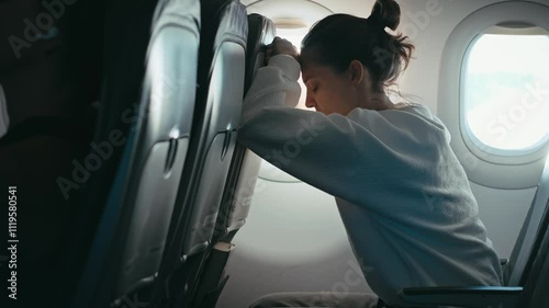 A young woman worries while sitting in the cabin of an airplane during turbulence