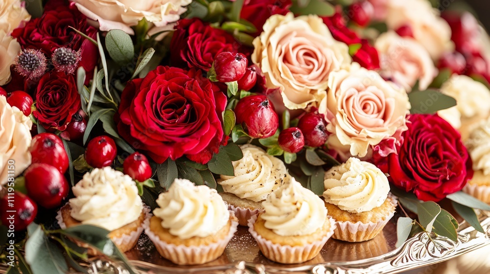 Dessert sampler with floral accents: A sampler platter of desserts like tartlets and cream puffs, accented with fresh flowers, Dessert sampler with floral accents: A sampler platter of desserts like tartlets and cream puffs, accented with fresh flowers,