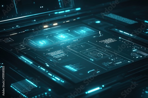 Futuristic interface with holographic elements and blue lights.