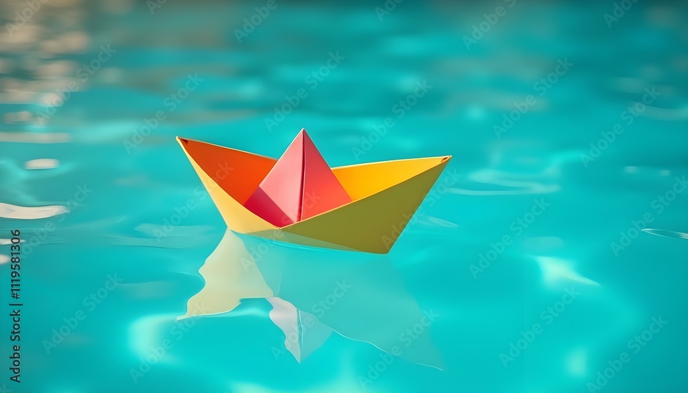 Folded Origami Paper Boat Floating Like a Tiny Ship in a Playful Scene Turquoise Waters Folded Origami Paper Boat Floating Like a Tiny Ship in a Playful Scene Turquoise Waters