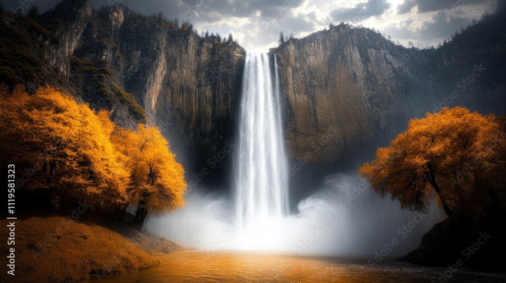Fototapeta premium A majestic waterfall surrounded by vibrant autumn foliage in a serene landscape.