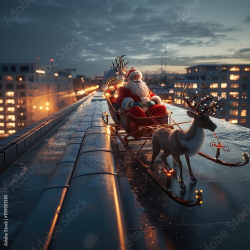 At night, Santa landing sled being pulled by reindeer on the top of a flat roof on a commercial office building.