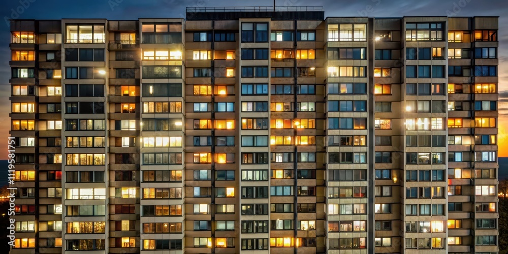 Night windows of a block of flats with glowing lights in the background, urban, cityscape, architecture, building, apartment Night windows of a block of flats with glowing lights in the background, urban, cityscape, architecture, building, apartment