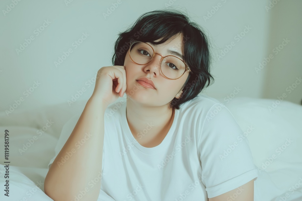 A confident plus-size woman relaxing in her bedroom. Concept of body positivity.