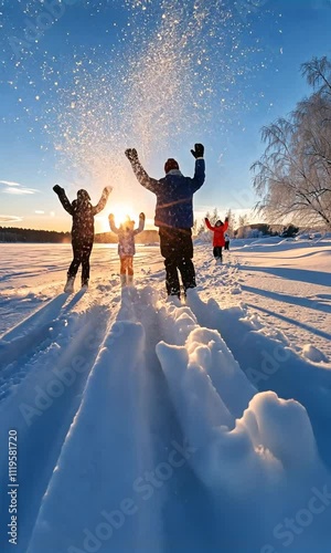 Wallpaper Mural Full shot with lens flare of fun-loving active young family playing with sparkling white snow and throwing it up in air against bright afternoon sun, during winter walk across frozen over lake  Torontodigital.ca