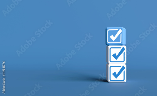 Check mark icon in cube on blue background. checklist survey concept, and evaluation Accreditation, quality assurance. with copy space and business design. 3D rendering illustration