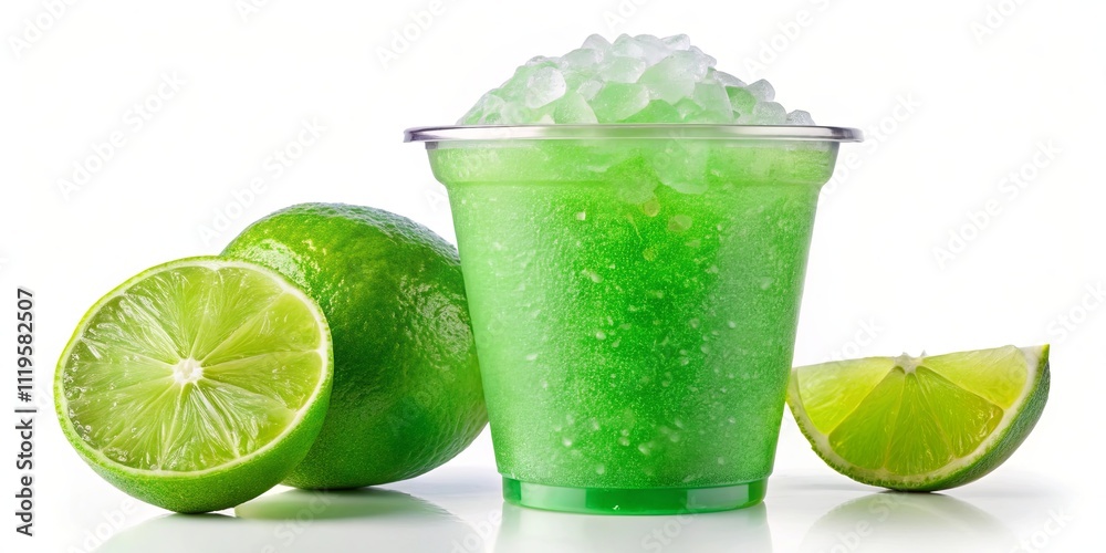 Refreshing Green Lime Frozen Drink in a Plastic Cup with Limes Refreshing Green Lime Frozen Drink in a Plastic Cup with Limes
