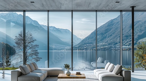 Modern minimalist style, high-end gray aluminum window frames with large glass windows overlooking the lake and mountains outside the house. photo