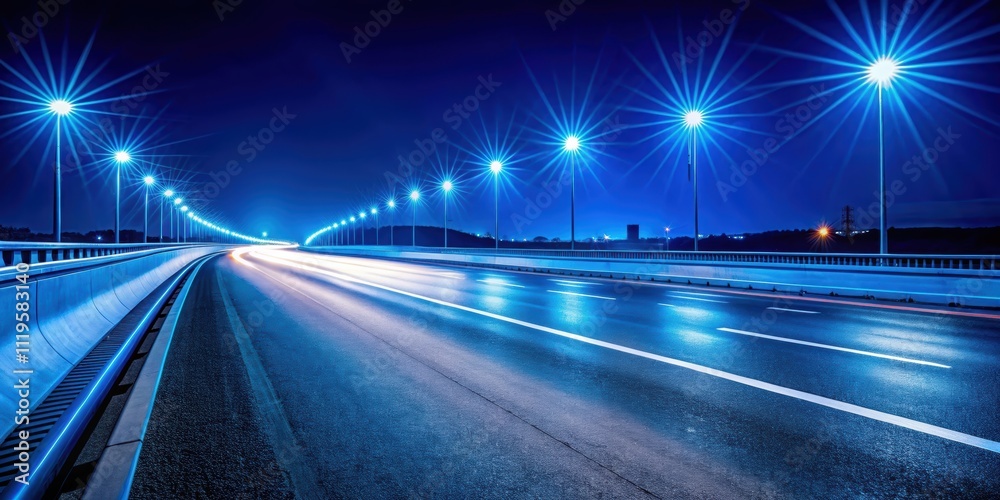 Night highway with blue light streaks contrasting with darkness , high speed, highway, night, blue light, streaks, contrast Night highway with blue light streaks contrasting with darkness , high speed, highway, night, blue light, streaks, contrast