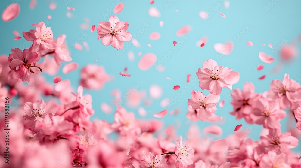 Pink cherry blossoms falling on blue background. Pink cherry blossoms falling on blue background.