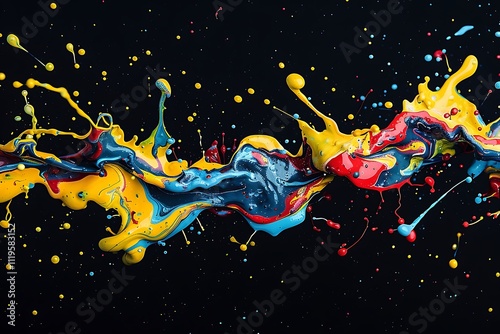 Abstract intermixing of yellow, red, and blue splashes on a solid black background. photo