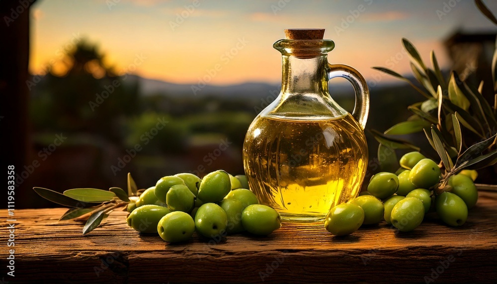 Premium Olive Oil: Elegant Bottle with Fresh Olives in a Natural Setting Premium Olive Oil: Elegant Bottle with Fresh Olives in a Natural Setting