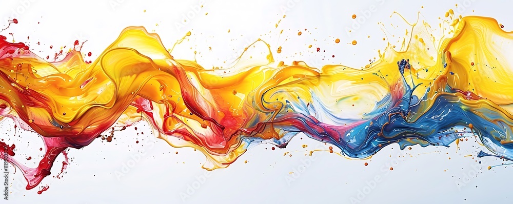 Abstract intermixing of yellow, red, and blue splashes on a solid white background. Abstract intermixing of yellow, red, and blue splashes on a solid white background.