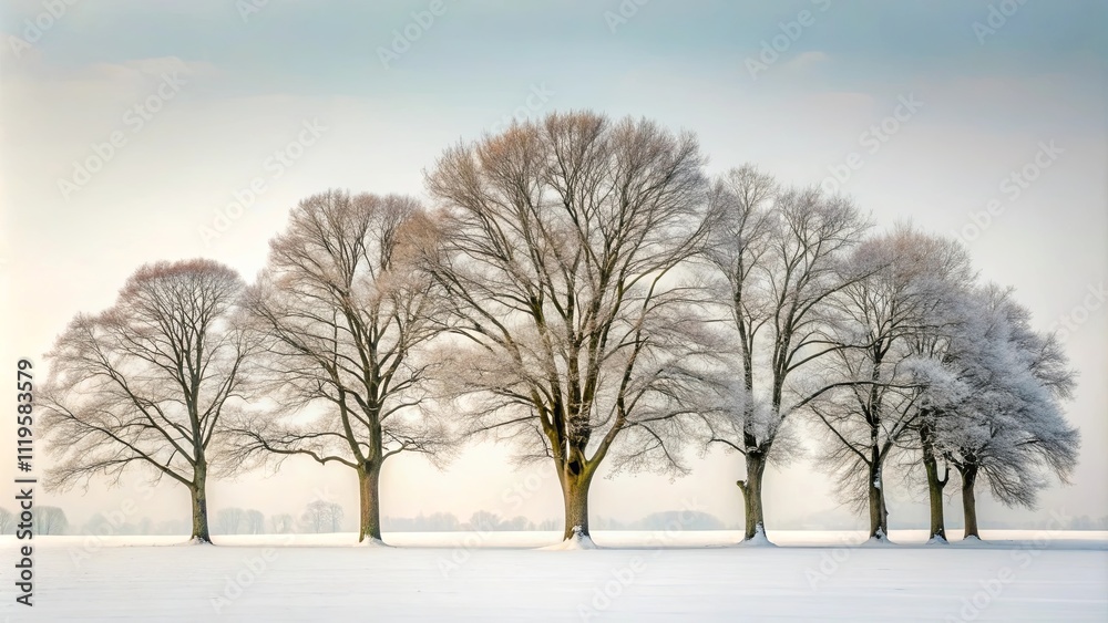 Fototapeta premium Serene Winter Landscape Five Leafless Trees Stand in a Snowy Field Under a Pale Sky