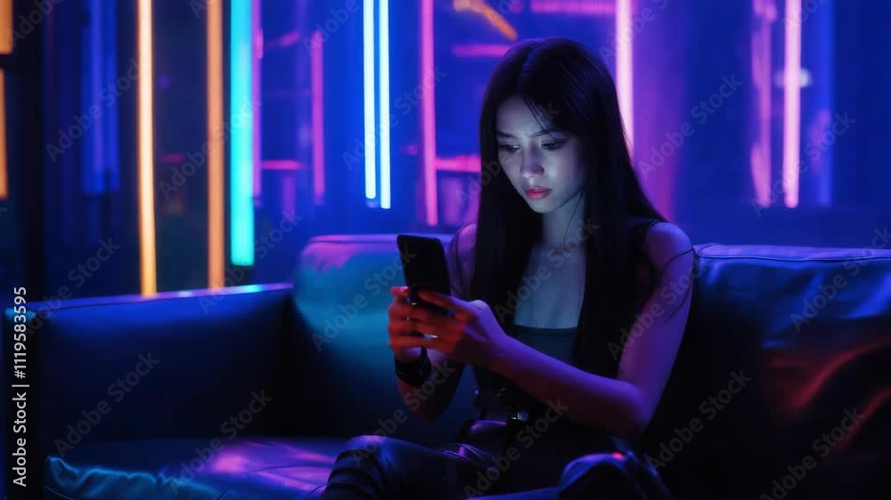 Young woman sits on a leather couch in a neon-lit bar, scrolling and typing on her smartphone while engaging with social media in a vibrant nightlife atmosphere