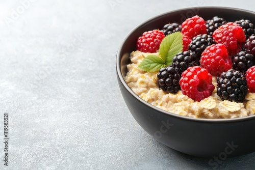 Healthy diabetic breakfast, oatmeal with berries, 3D illustration