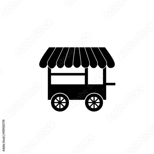 Vector illustration of silhouette icon of traditional market food cart with wheels and striped canopy. Ideal for illustrating street food, market and small business entrepreneurship concepts.