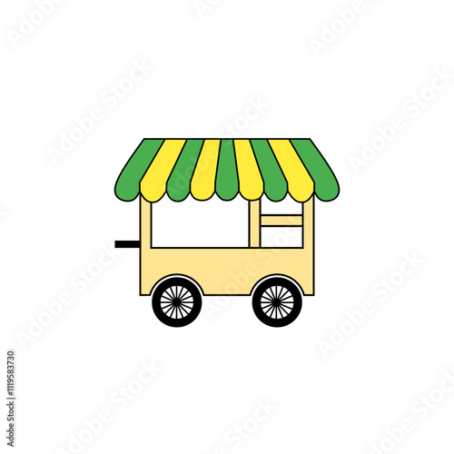 Vector illustration of a street food vendor cart with green and yellow striped awning, suitable for open market themes, small businesses, and food stalls.