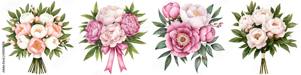 Wedding watercolor and soft bride, A collection of floral arrangements featuring various pink and white flowers, elegantly designed with greenery and ribbons. Wedding watercolor and soft bride, A collection of floral arrangements featuring various pink and white flowers, elegantly designed with greenery and ribbons.