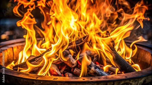 Close up of flames dancing in a fire pit, heat, warmth, orange, flickering, burning, hot, glowing, intensity, close-up, danger