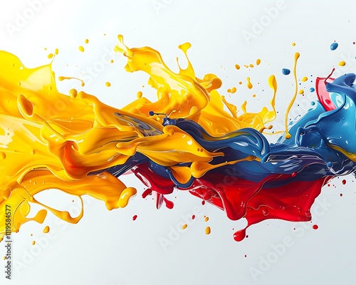 Abstract intermixing of yellow, red, and blue splashes on a solid white background. photo