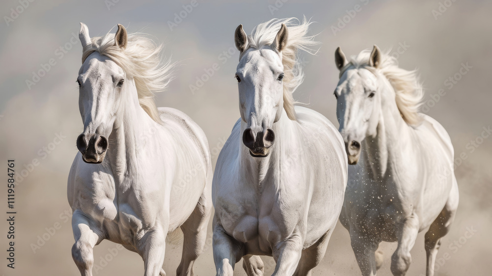 Obraz premium Front view of three majestic white horses running in unison, their manes flowing and dust rising around them, showcasing power, grace, and freedom
