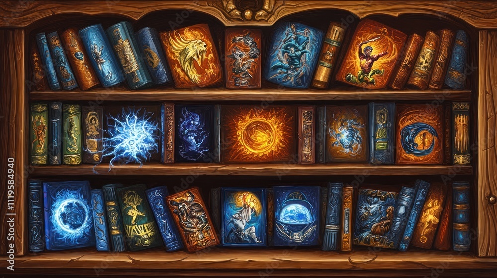 A colorful bookshelf filled with intricately designed spellbooks and magical tomes.