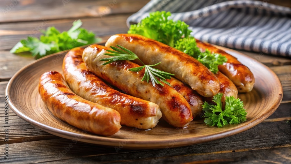 Close-up of fried sausages on a fire on a plate, sausages, food, grilled, barbecue, flame, heat, cooked, tasty, delicious, meal