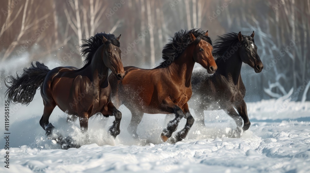 Three dark bay horses charge through snow-covered terrain, their manes flowing as powder flies around them. A frosty forest creates a dramatic winter backdrop