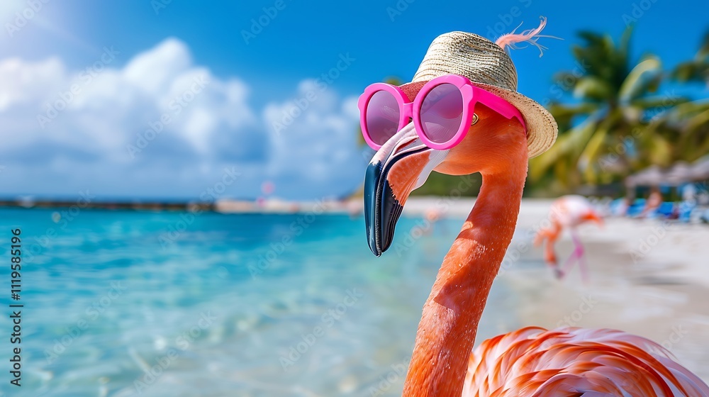 View of a flamingo on holiday at the beach with a hunting hat and pink goggles