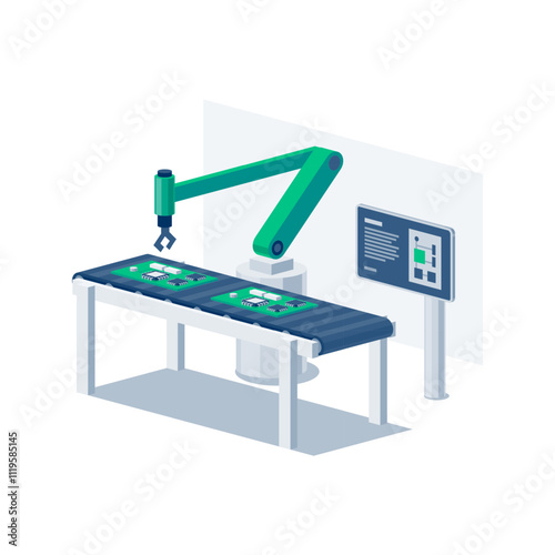 Assembly line industrial robot manipulating with chip on conveyor belt table. Robotic arm on workstation with product parts. Manufacturing process system. Isolated vector illustration icon on white.