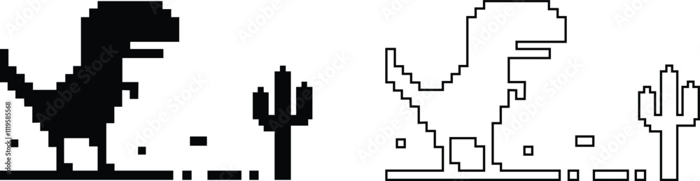Set of No internet connection pixel dinosaur offline art bad connection flat and line vectors computer digital web concept network technology. No signal stop symbol isolated on transparent background. Set of No internet connection pixel dinosaur offline art bad connection flat and line vectors computer digital web concept network technology. No signal stop symbol isolated on transparent background.
