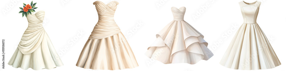 Wedding watercolor and soft bride, A collection of elegant white dresses featuring varied designs and styles, showcasing different silhouettes and details. Wedding watercolor and soft bride, A collection of elegant white dresses featuring varied designs and styles, showcasing different silhouettes and details.