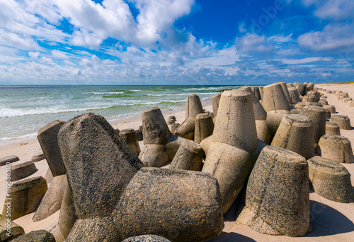 Huge concrete breakwaters are located on the beach at Hörnum on the southern tip of the North Sea island of Sylt (Germany) to reduce the erosion of sand by the sea currents during storm surges.
