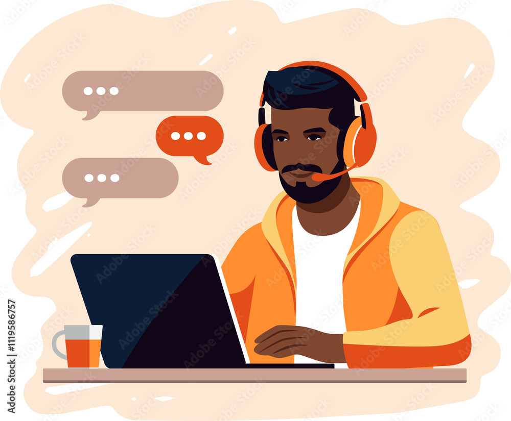 Black skinned man sitting with laptop on transparent background. Concept remote working, studying, education, work from home.