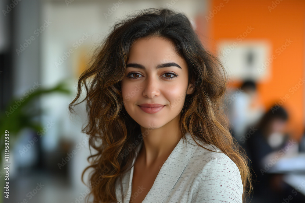 Hispanic young woman smiling confidently in a modern office setting Hispanic young woman smiling confidently in a modern office setting