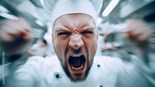 Mad stressed out chef throwing tantrum at work, displeased with his failures