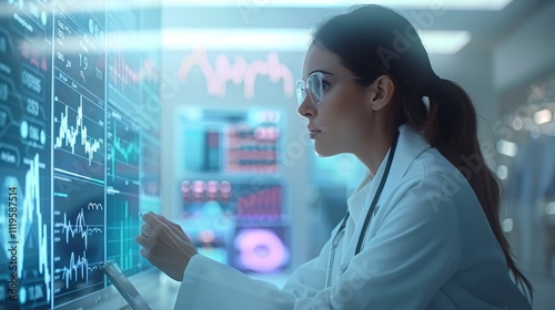 Animation of multiple graphs and trading board over diverse female doctor discussing with colleagues. Digital composite, report, business, stock market.