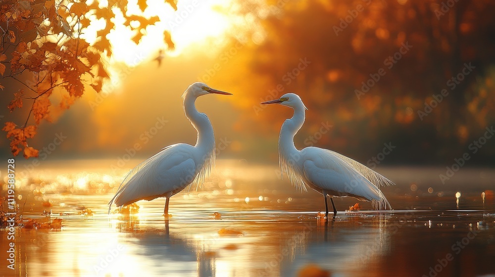 Fototapeta premium Two Elegant White Egrets Communicate in a Serene Autumn Landscape with Golden Leaves and Soft Reflections on a Peaceful Water Surface at Sunset