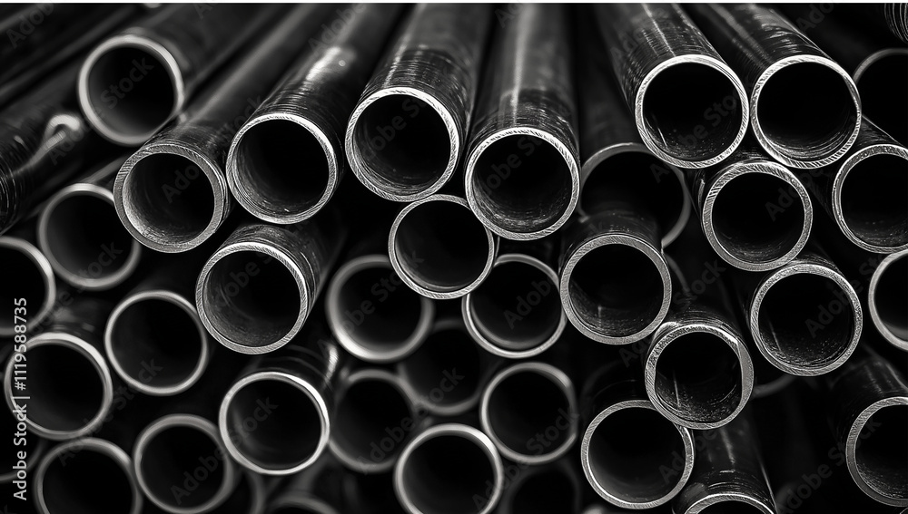 Close-Up of Stacked Stainless Steel Pipes on Monochrome Background – High-Quality Product Photography. Close-Up of Stacked Stainless Steel Pipes on Monochrome Background – High-Quality Product Photography.