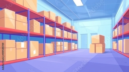 Bright and Organized Warehouse Interior with Shelves and Boxes