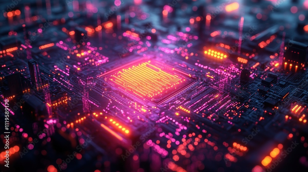 A glowing CPU chip in the center of a circuit board. A glowing CPU chip in the center of a circuit board.