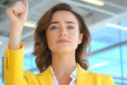 Determined caucasian woman in yellow blazer raising fist in office setting photo