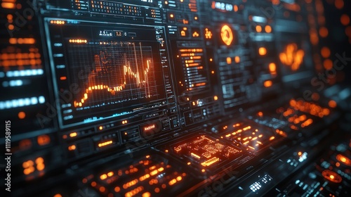 Close-up view of a futuristic interface with a glowing orange line graph on a computer screen.