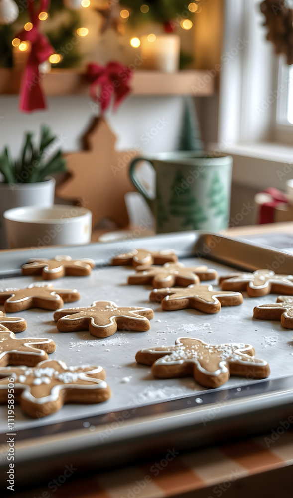 Gingerbread cookies on a baking sheet against a festive backdrop. Gingerbread cookies on a baking sheet against a festive backdrop.