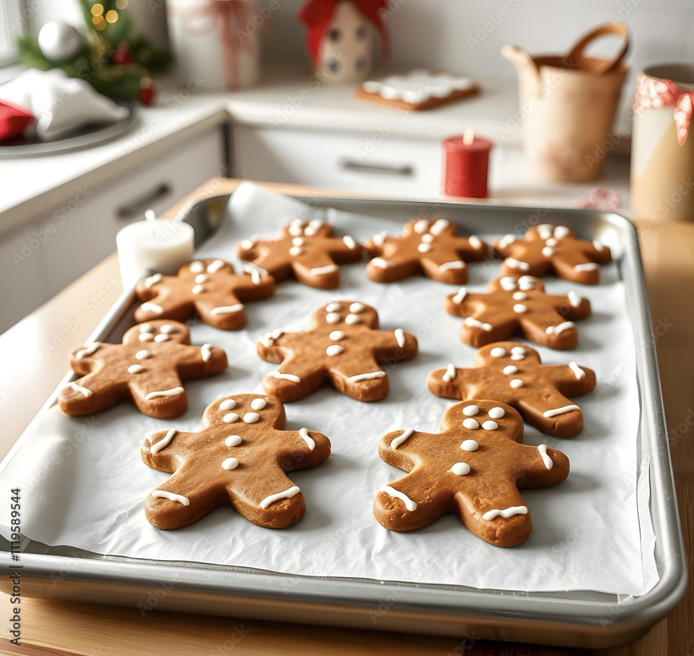 Gingerbread cookies on a baking sheet against a festive backdrop. Gingerbread cookies on a baking sheet against a festive backdrop.